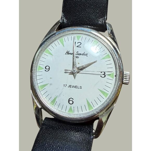 Vintage Henri Sandoz 17 Jewels Manual Wind Men\'s Wristwatch Stainless Steel Back